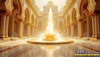 A bright fountain spraying water in a white and gold palace courtyard