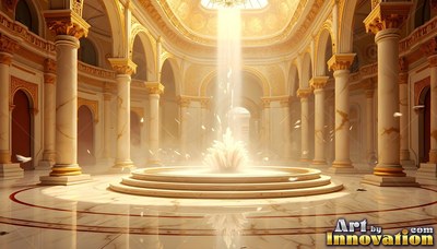 Bright sunlight streams onto a crystal fountain inside a round marble hall with tall columns