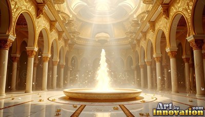 A bright fountain sprays upward inside a gold palace under soft yellow light