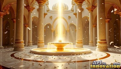 Looking straight ahead at a fountain inside a white hall with tall pillars
