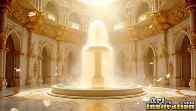 A lit fountain sprays water inside a bright white and gold palace hall