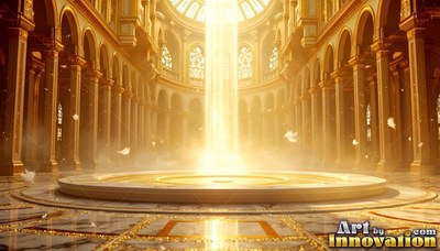 In a golden cathedral, a pillar of bright sunlight hits a round platform
