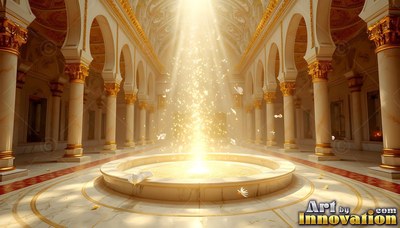 Shining down on a marble fountain, bright sunlight fills a hall lined with gold pillars