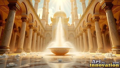 A water fountain in a sunny shining golden palace courtyard