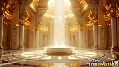 A wide gold rim on a fountain basin under a bright pillar of light in a palace hall