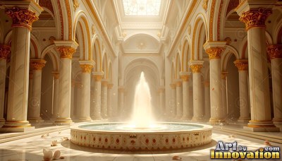 A water fountain rises inside a pillared hall with warm white sunlight falling from above