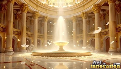 Facing forward inside a golden hall around a bright water fountain