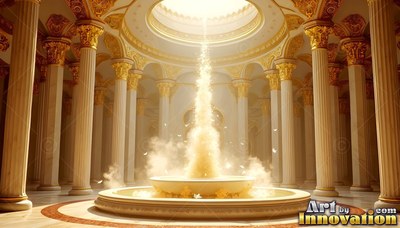 A bright fountain of sparkling light shines inside a round white hall with gold columns