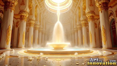 In a white marble hall, a fountain pours bright water beneath gold pillars