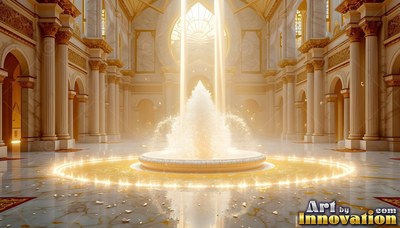Spraying water under bright sunlight, a round fountain sits inside a shining golden palace hall