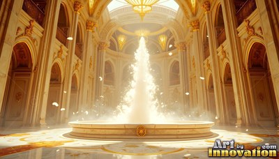 A bright water fountain sprays high in a golden marble hall