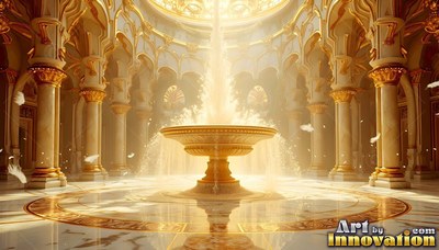 Bright water shoots up from a gold fountain inside a sunny hall with marble columns