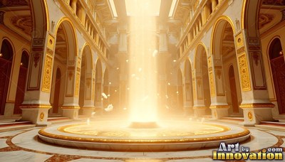 A golden column of light shines down onto a circular platform inside a grand hall