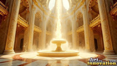 Centered low in a bright golden palace hall, a stone fountain shoots bright yellow light upward