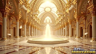 A bright palace hall lined with gold pillars and a fountain in the center