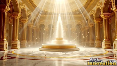 In a shining golden palace hall, sunlight pours down onto a central fountain
