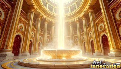 Spilling bright light, a round golden fountain stands inside a domed hall of tall columns