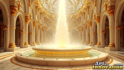 A water fountain shooting bright light inside a white palace hall