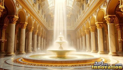Tiered basins of a fountain catch sunlight inside a grand golden hall lined with marble columns
