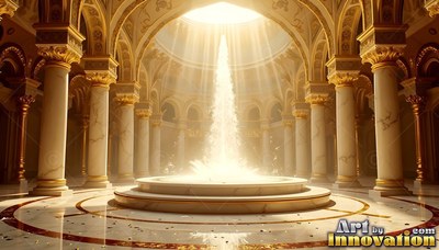 A fountain shoots upward in a marble hall under bright golden sunlight