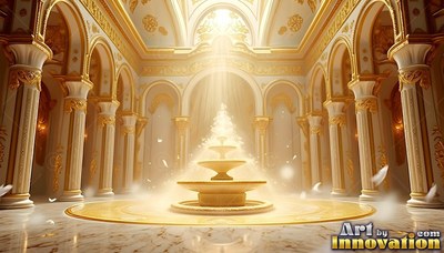Looking straight at a gold fountain inside a white hall under a sunbeam