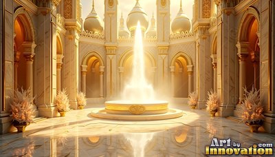 A bright fountain sprays light in a white marble palace courtyard with gold arches