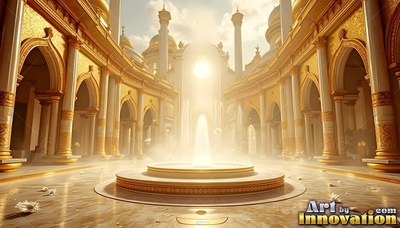 In a sunlit golden palace courtyard, a bright fountain rises from a round stone basin
