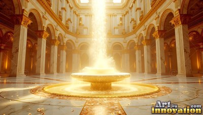 Shining under a shaft of bright light, a fountain rests inside a marble hall
