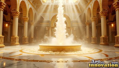 A fountain spraying water under sunbeams in a gold hall