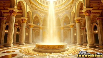 Gold patterns circle a raised pool where bright sunbeams pour into a round temple hall
