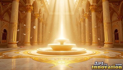 A tiered marble fountain catches bright yellow sunlight inside a gold hall with tall pillars