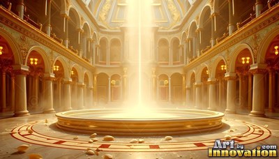 Facing forward in a golden hall where a beam of light hits a round pool