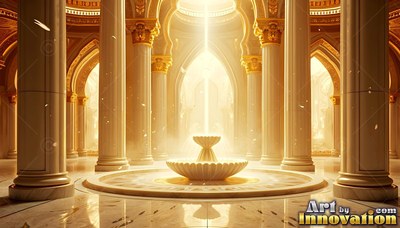 A stone fountain sits inside a palace hall lined with tall pillars