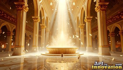 In a golden hall, bright beams of light pour down into a round basin