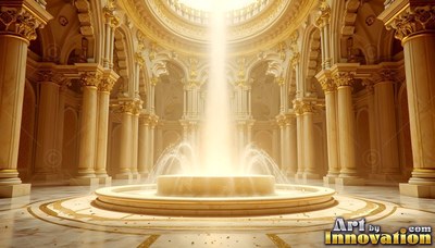 Shining under skylight, a round water fountain sits inside a bright golden palace hall