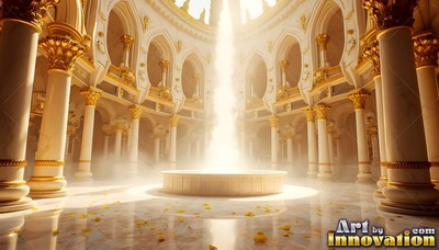 White and gold temple hall with a bright pillar of light over a fountain