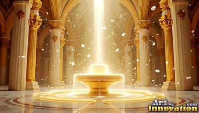 Bright light shines down into a round gold fountain inside a hall of tall pillars