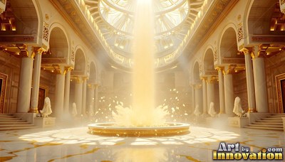 A marble temple hall holds a fountain splashing under a beam of bright yellow sunlight