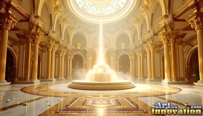 Facing forward inside a gold rotunda with a bright fountain in the center