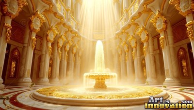 A water fountain inside a white hall with gold columns under bright sunlight