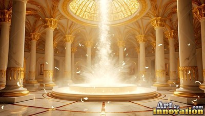 In a golden marble rotunda, a beam of bright light shines on a circular pool
