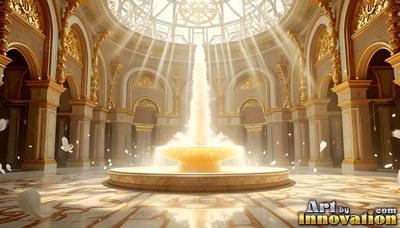 Shooting water high into the sunlight, a gold fountain sits in a round hall
