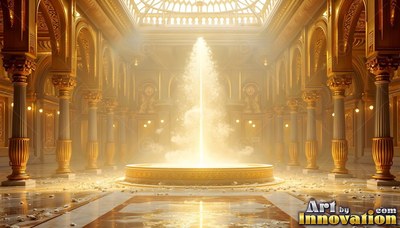 A bright fountain spraying in a golden hall with tall columns