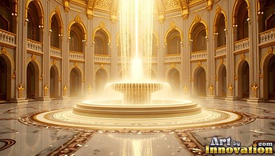 Tiered round basin filled with bright water, a fountain inside a gold arched palace hall