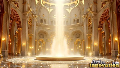 A palace hall opens under a beam of bright sunlight pouring onto a gold fountain pool