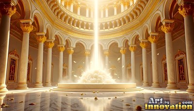 Looking straight across a round marble hall with white pillars and a beam of light
