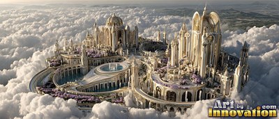 A pale marble palace with high towers rests high in a sea of pale clouds