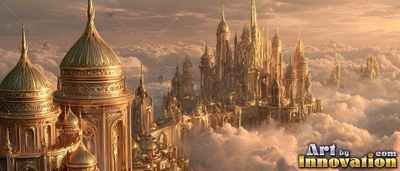 Above fluffy clouds, a palace stands under warm sunlight