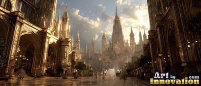 Rising into warm sunlight, a golden city street leads toward tall stone spires under clouds