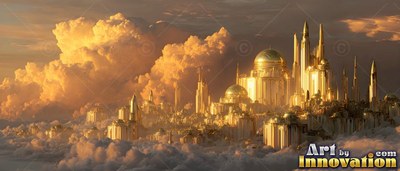 A golden city with round domes and spires sitting on thick clouds